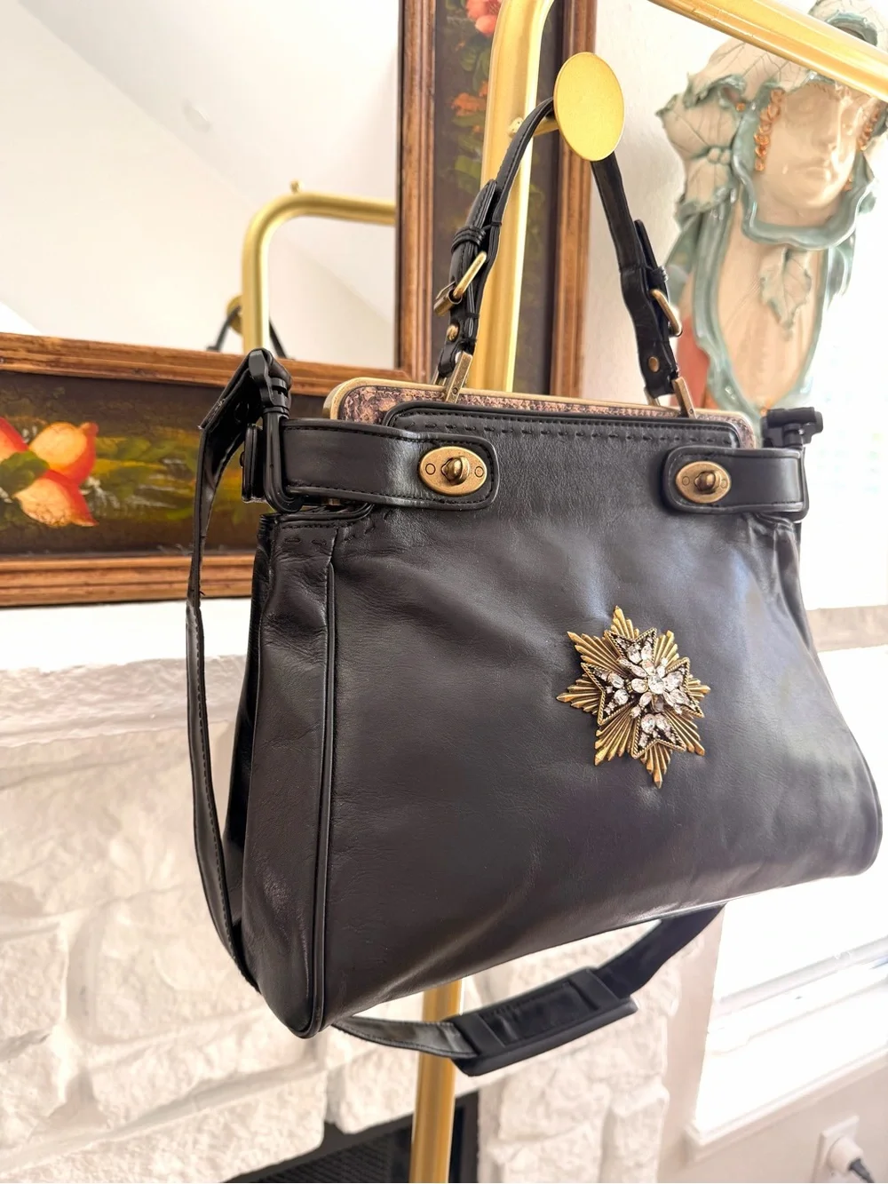 Talbots Black Leather Double Compartment Satchel Jeweled Brooch Shoulder Bag